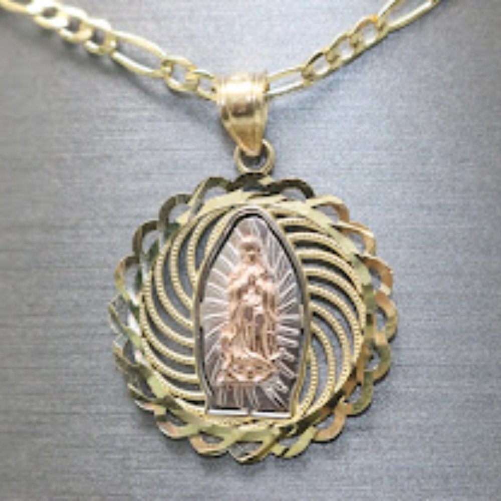 14kt Tri-tone Virgin Mary Medal Pendant with 14kt Solid Figaro Chain